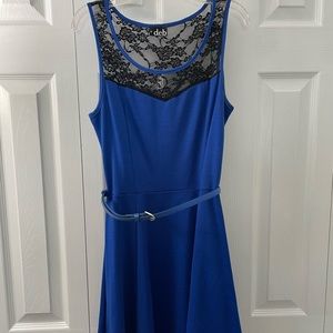 Deb royal blue belted dress with lace detailing